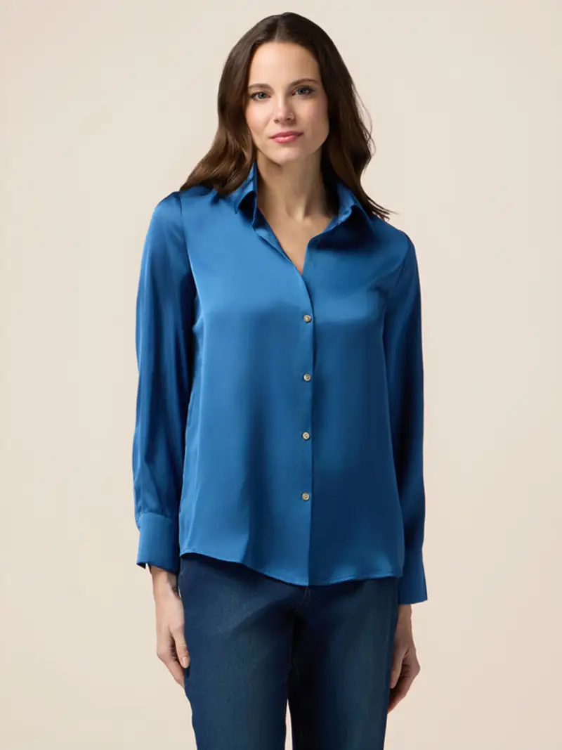 Oltre - Camicia in raso tinta unita Donna, Blu Taglia: 40