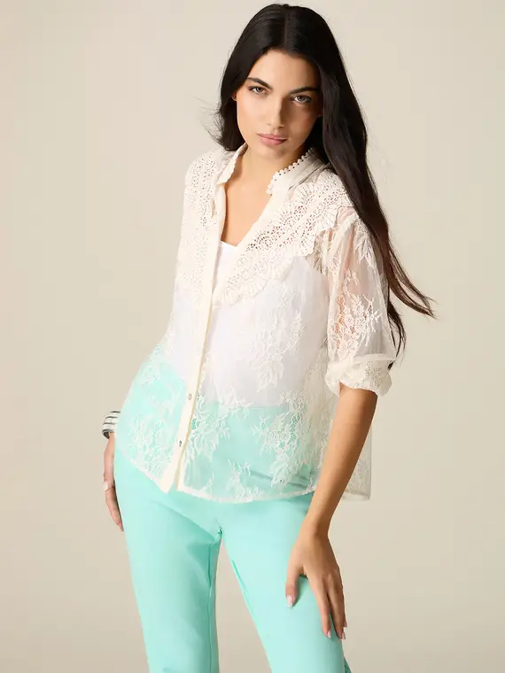 Camicia in tulle ricamato see-through Donna, Bianco +