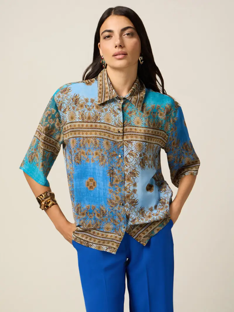 Oltre - Camicia in viscosa fantasia Donna, Azzurro Taglia: S