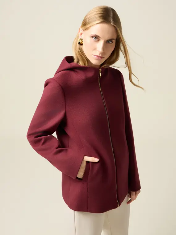 Cappotto corto con cappuccio e zip Donna, Bordeaux