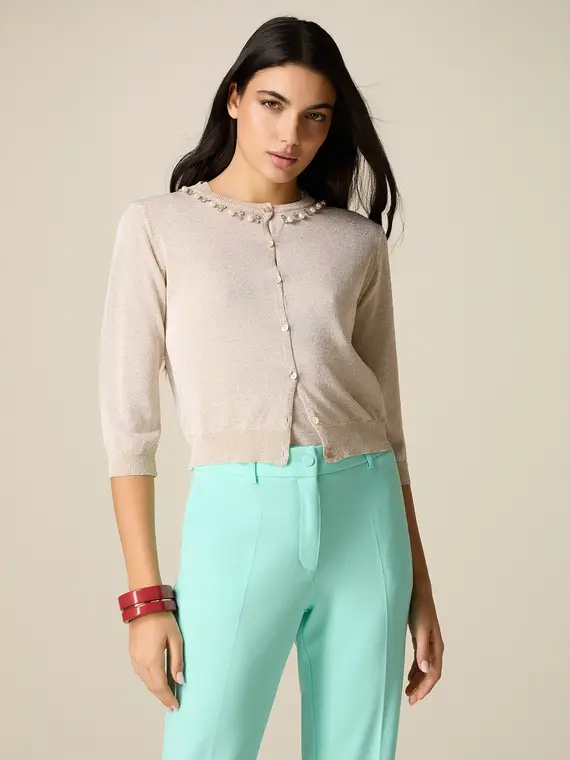 Cardigan lurex con ricamo gioiello Donna, Oro +