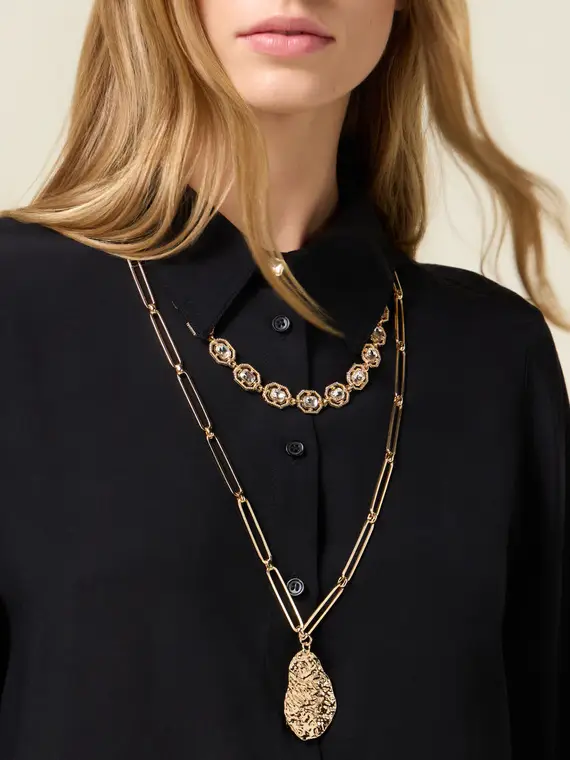 Collana doppio filo con cristalli e ciondolo Donna, Oro