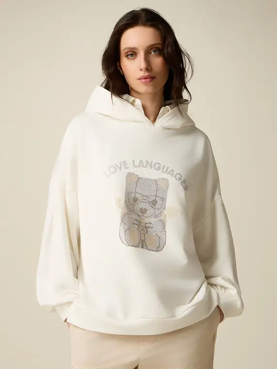 Felpa con cappuccio e applicazioni Donna, Bianco