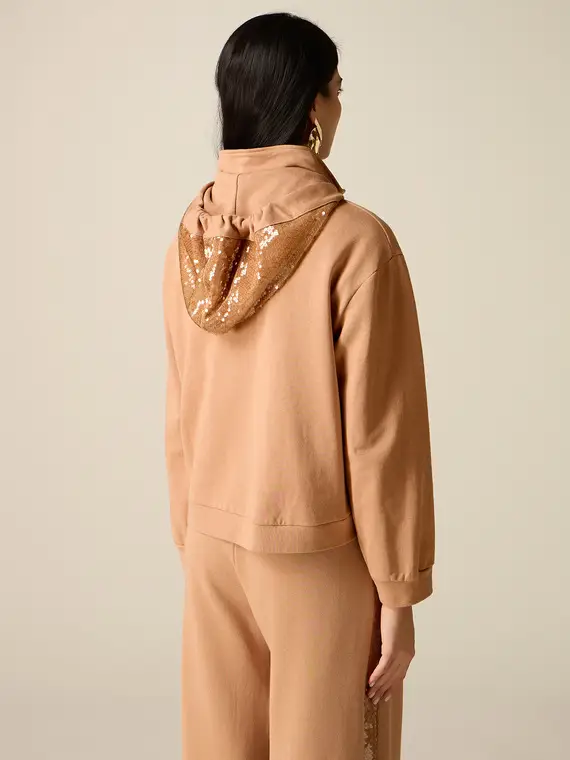 Felpa con cappuccio e dettagli in paillettes Donna, Marrone miniatura 2