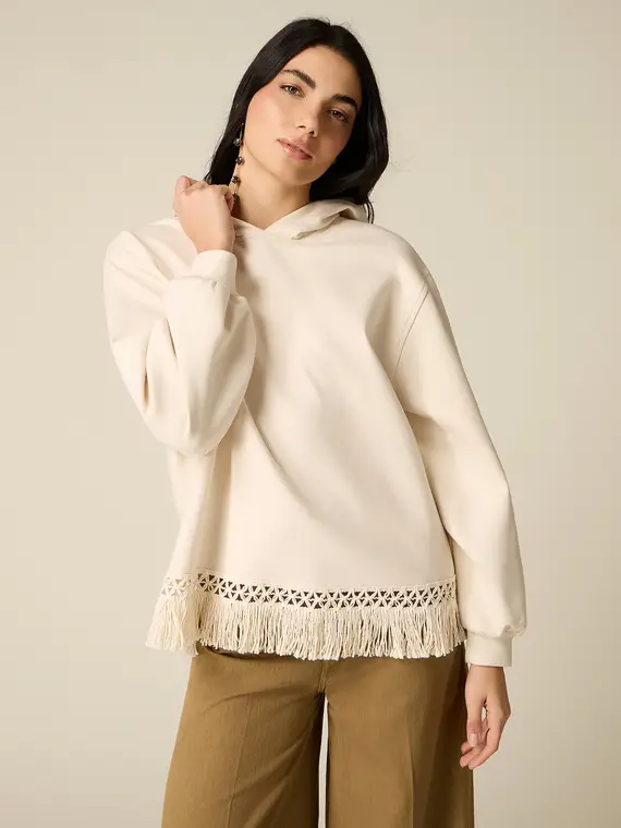 Felpa con cappuccio e frange Donna, Beige