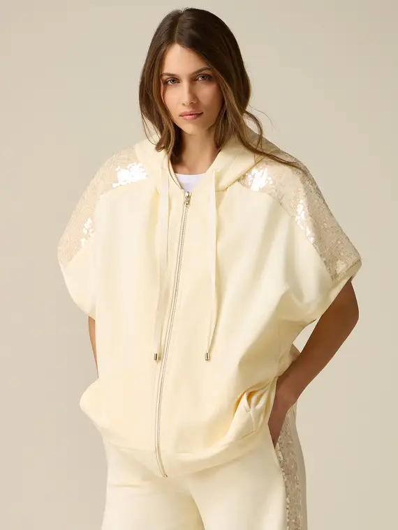 Felpa maniche corte con paillettes Donna, Bianco