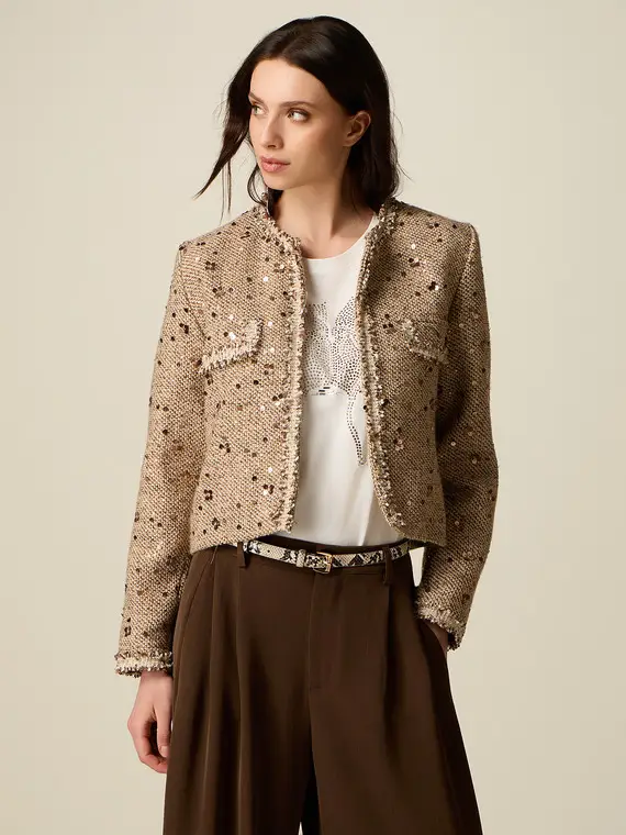 Giacca a stuoia con paillettes Donna, Beige
