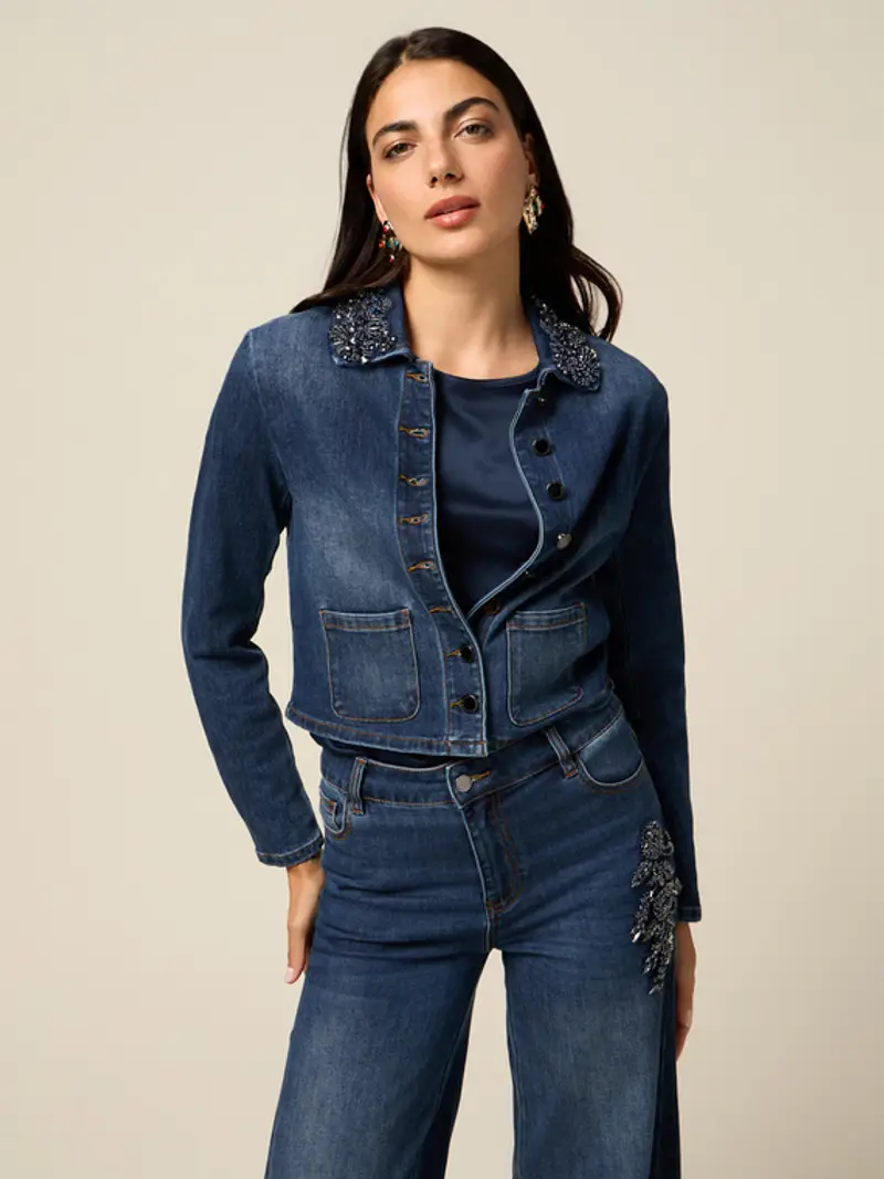 Oltre - Giacca in denim con patch gioiello Donna, Blu Taglia: 40