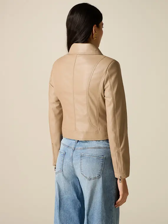Giubbotto chiodo cropped Donna, Beige miniatura 2
