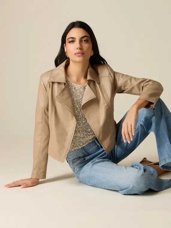 Giubbotto chiodo cropped Donna, Beige