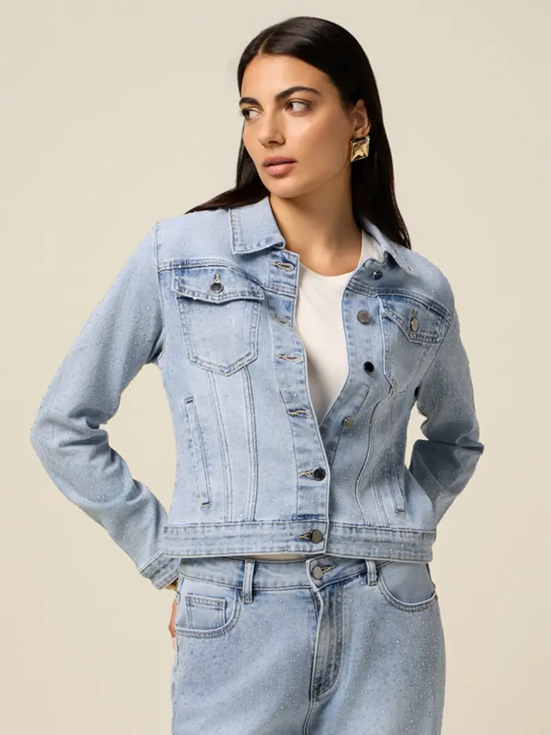 Oltre - Giubbotto denim con micro cristalli Donna, Azzurro Taglia: 40