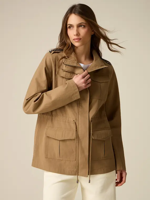 Giubbotto in cotone con dettaglio gioiello Donna, Marrone