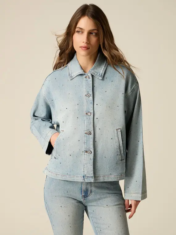 Giubbotto in denim con cristalli Donna, Azzurro +