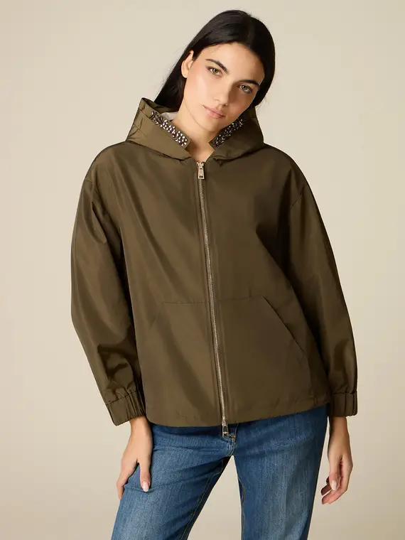 Giubbotto in nylon con dettaglio gioiello Donna, Verde militare