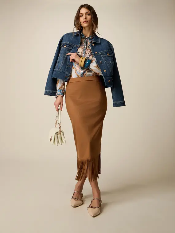 Gonna tubino con frange Donna, Marrone