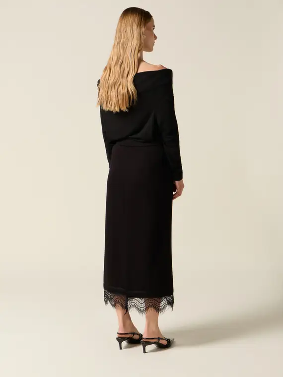 Gonna tubino in scuba e pizzo Donna, Nero miniatura 2