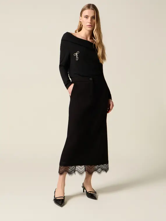 Gonna tubino in scuba e pizzo Donna, Nero