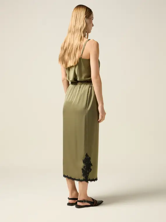 Gonna tubino midi in raso con pizzo Donna, Verde miniatura 2