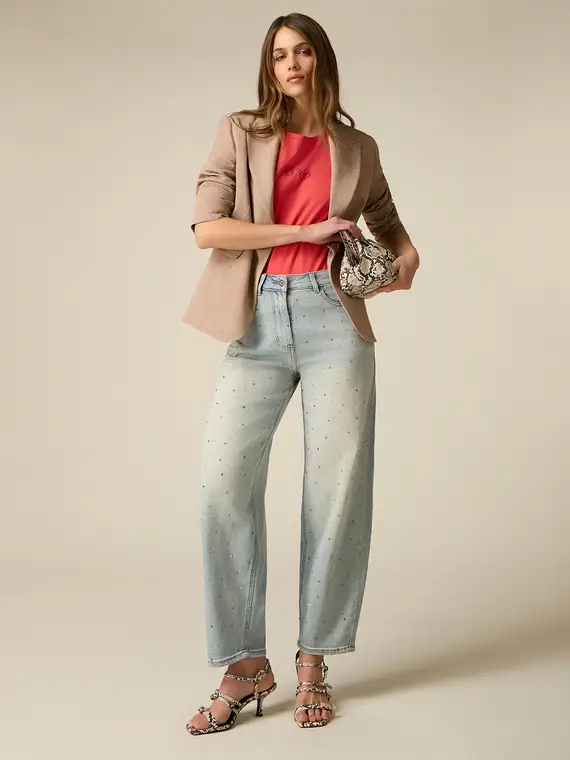 Jeans ballon con borchiette Donna, Azzurro