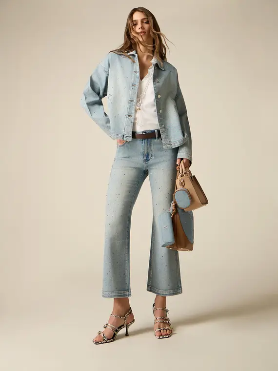 Jeans cropped flare con cristalli Donna, Azzurro