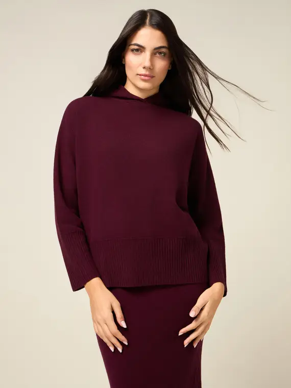 Maglia con cappuccio in pura lana Donna, Bordeaux