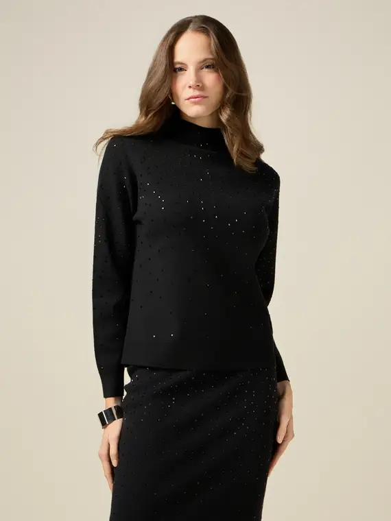 Maglia dolcevita con cristalli Donna, Nero
