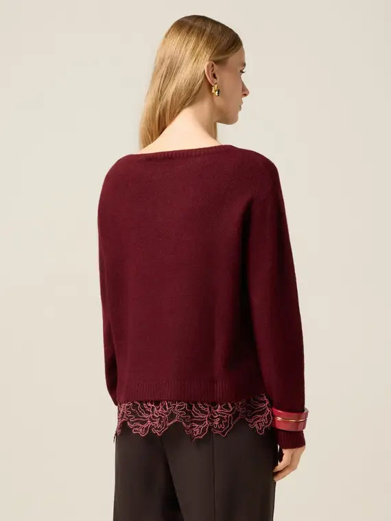 Maglia girocollo con bordo in pizzo Donna, Bordeaux + miniatura 2