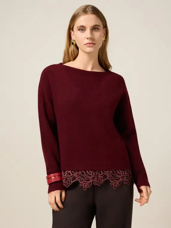 Maglia girocollo con bordo in pizzo Donna, Bordeaux +