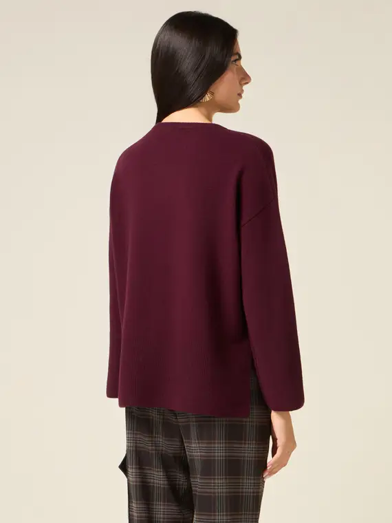 Maglia girocollo in pura lana Donna, Bordeaux miniatura 2
