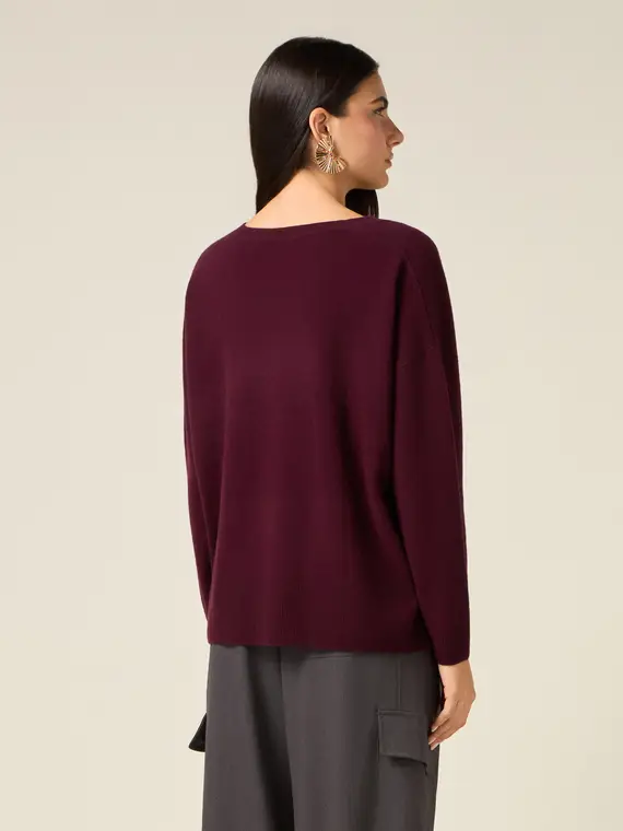 Maglia in pura lana con scollo a V Donna, Bordeaux miniatura 2