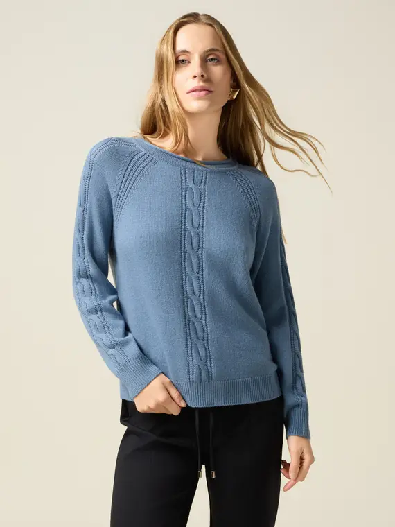 Maglia misto cachemire con dettagli a trecce Donna, Azzurro
