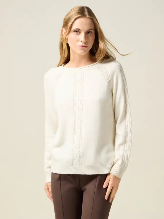 Maglia misto cachemire con dettagli a trecce Donna, Bianco