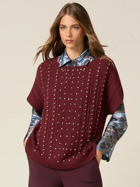 Maglia misto cachemire maniche corte con castoni Donna