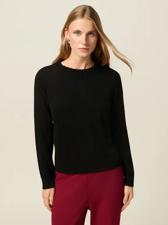Maglia misto cashmere con applicazioni Donna, Nero