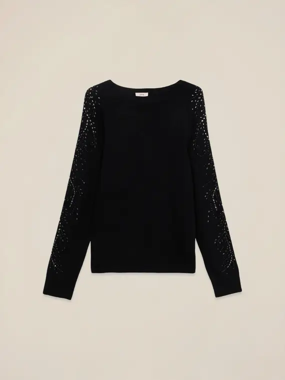 Maglia misto cashmere con pizzo Donna, Nero