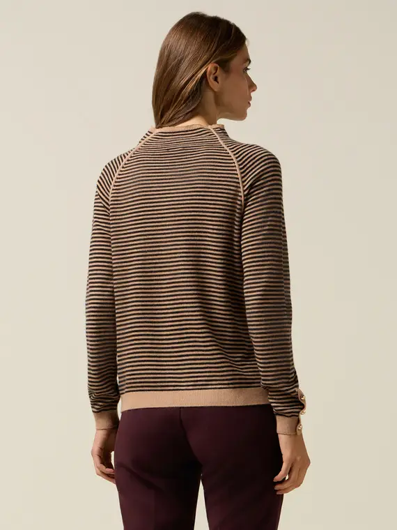 Maglia misto lana a righe con dettaglio bottoni Donna, Beige miniatura 2