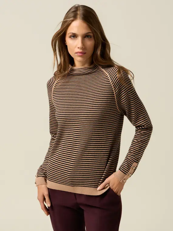 Maglia misto lana a righe con dettaglio bottoni Donna, Beige