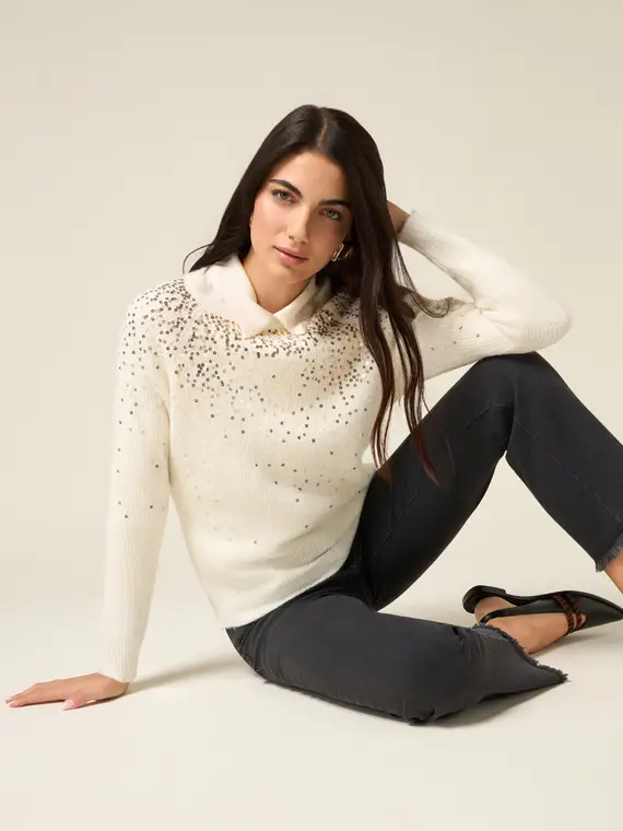 Maglia misto lana con paillettes Donna, Bianco
