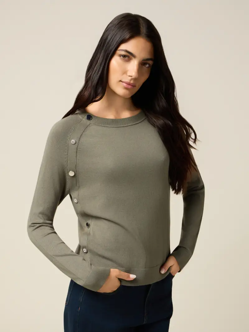 Maglia misto viscosa con bottoni decorativi Donna, Verde militare +