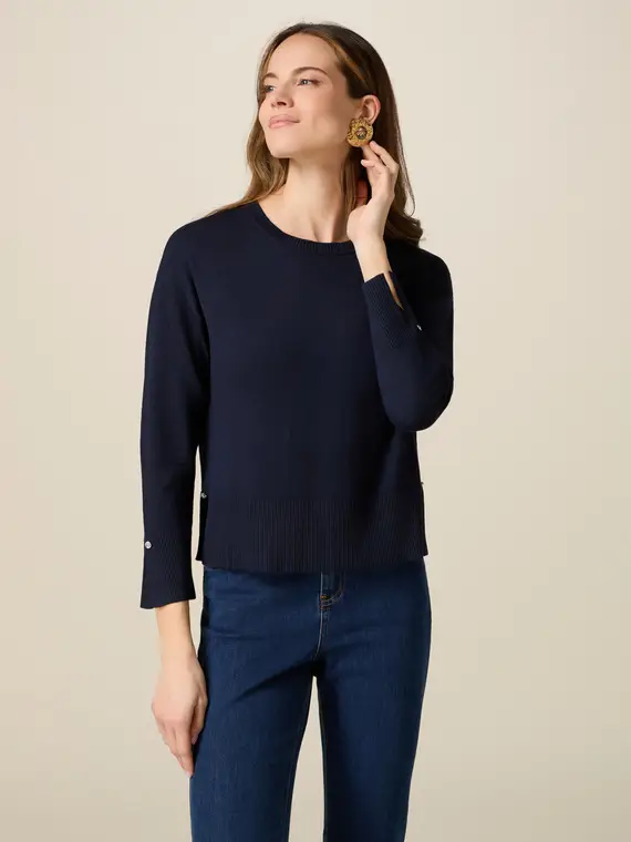 Maglia misto viscosa con bottoni gioiello Donna, Blu +