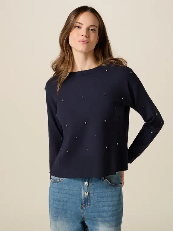 Maglia misto viscosa con cristalli Donna, Blu +
