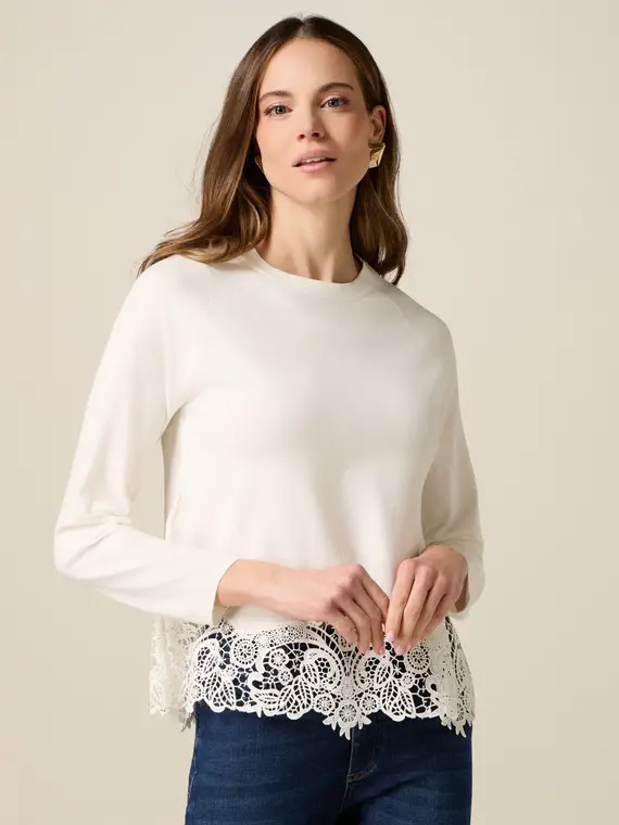 Maglia misto viscosa con inserto in pizzo Donna, Bianco +