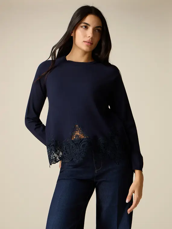 Maglia misto viscosa con inserto in pizzo Donna, Blu +
