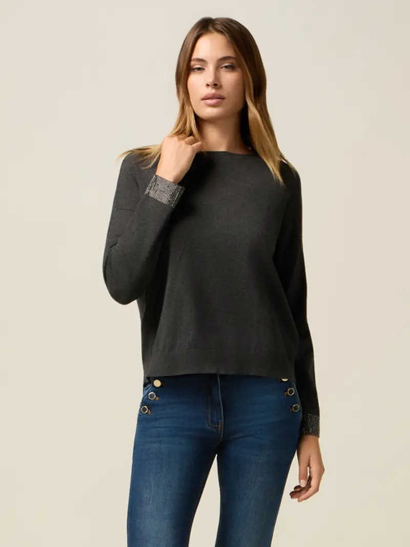 Maglia misto viscosa con polsini decorati Donna, Grigio +