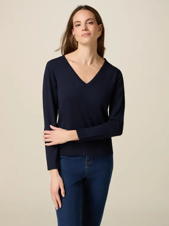 Maglia misto viscosa scollo a V Donna, Blu