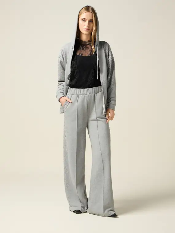 Pantaloni palazzo in felpa con cristalli Donna, Grigio