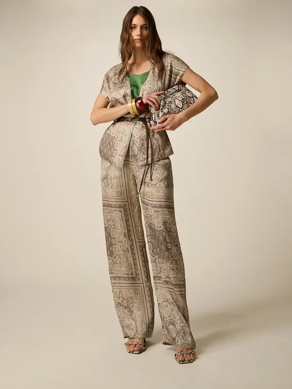 Pantaloni palazzo in raso fantasia Donna, Beige +