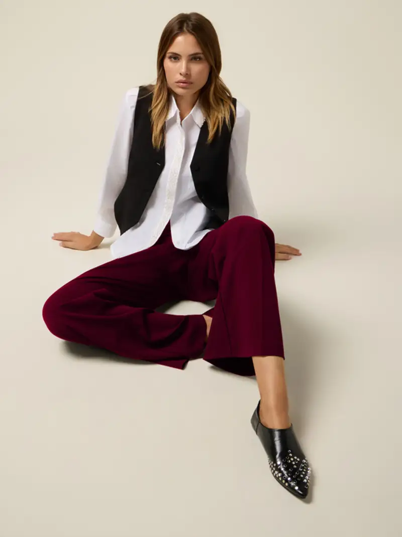 Pantaloni palazzo in tessuto crêpe Donna, Bordeaux