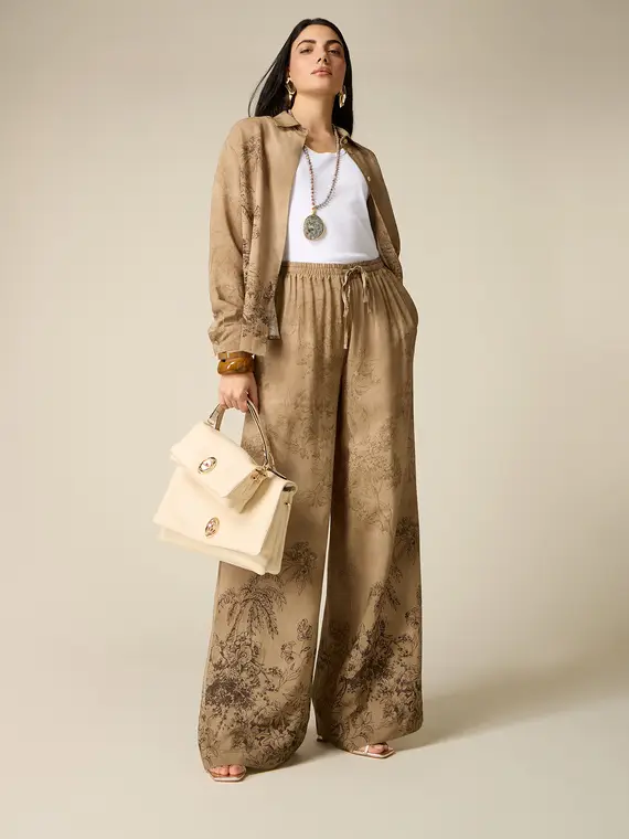 Pantaloni palazzo in viscosa fantasia Donna, Marrone