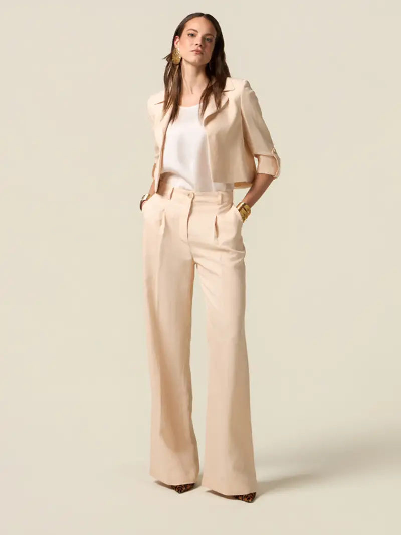 Oltre - Pantaloni palazzo misto lino Donna, Beige Taglia: 40